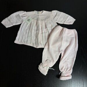Vintage 80s RENZO Baby Girl 6-9M Pink Acrylic Sweater Knit 2pc Footed Outfit Set